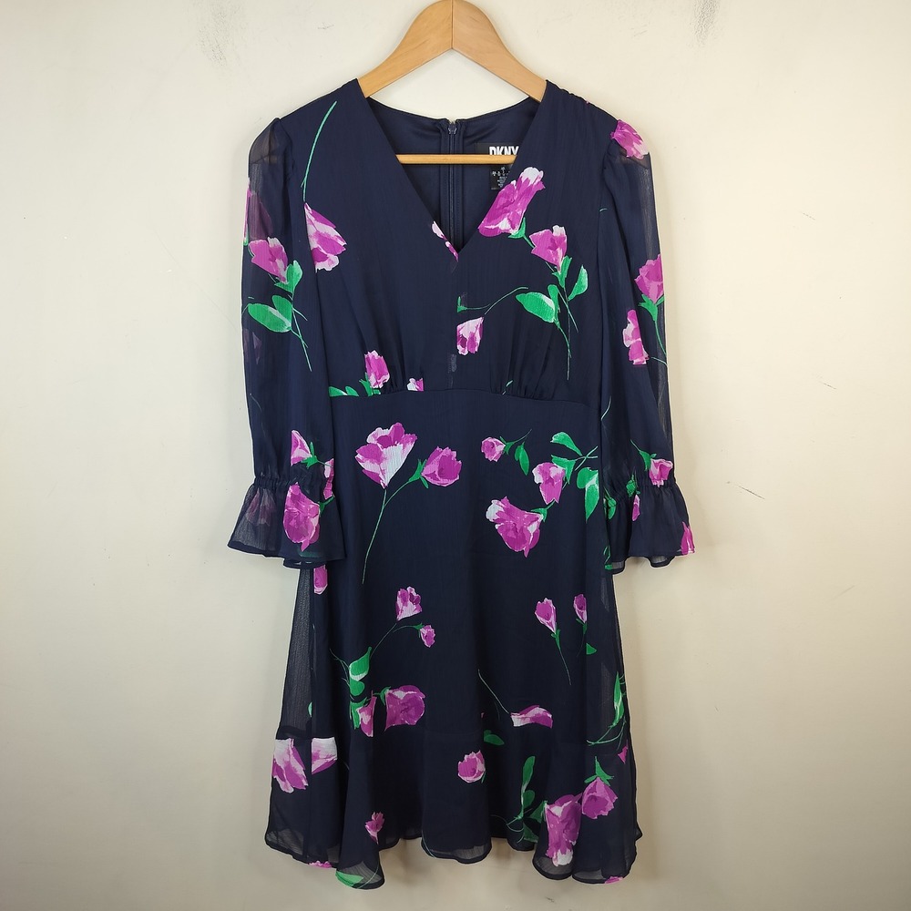 DKNY Floral Chiffon Dress 4 V-Neck Sheer Ruffle Sleeve Navy's Fuchsia NWT